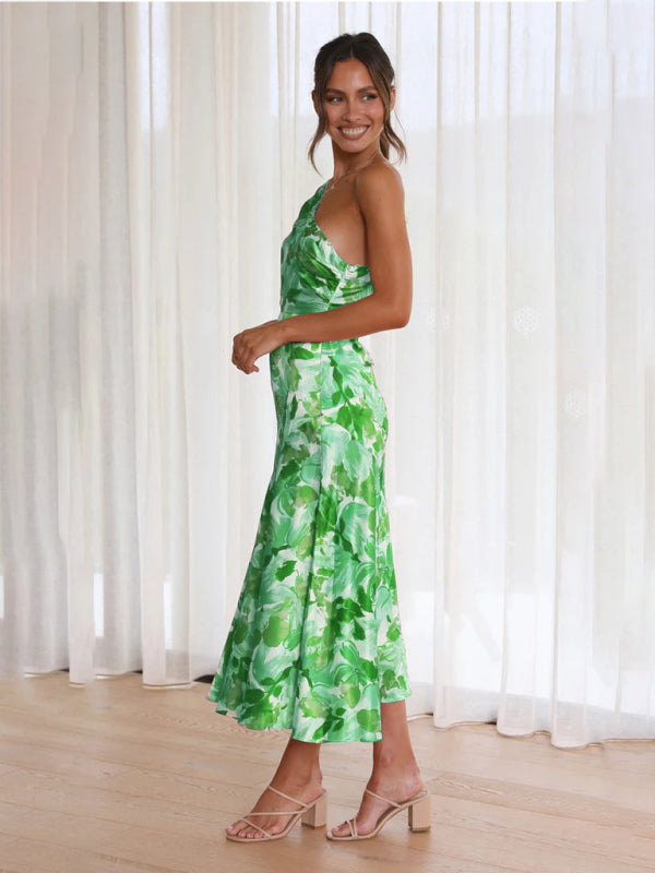 Slant Neck Fishtail Print Dress – Sleeveless, Elegant Spring-Summer Look