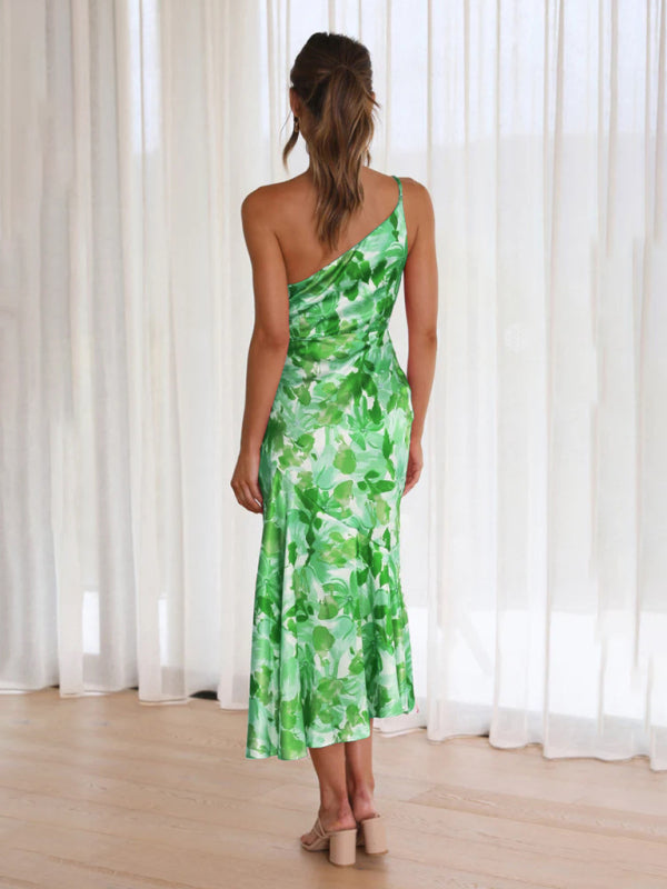 Slant Neck Fishtail Print Dress – Sleeveless, Elegant Spring-Summer Look