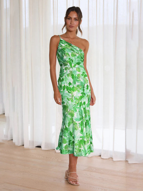 Slant Neck Fishtail Print Dress – Sleeveless, Elegant Spring-Summer Look