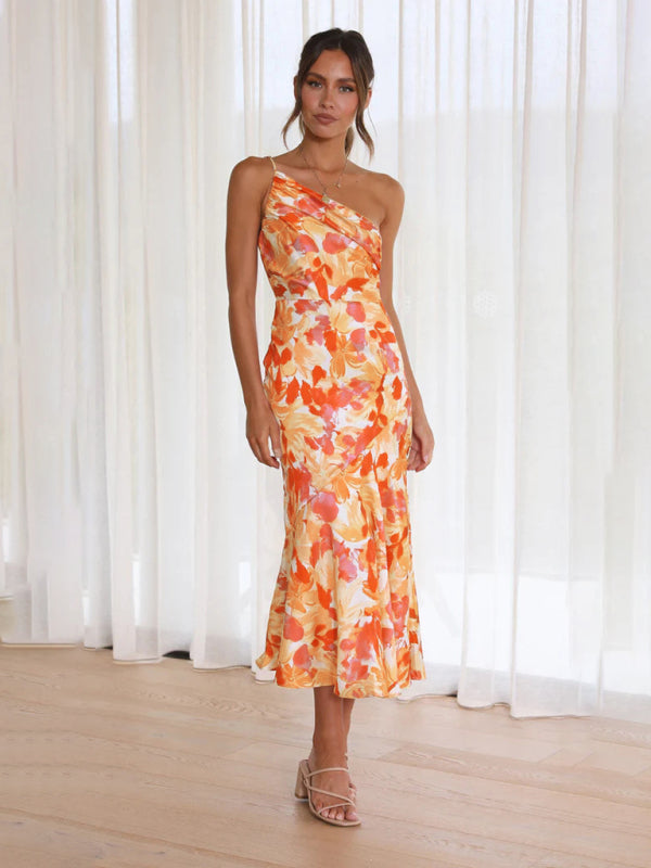 Slant Neck Fishtail Print Dress – Sleeveless, Elegant Spring-Summer Look