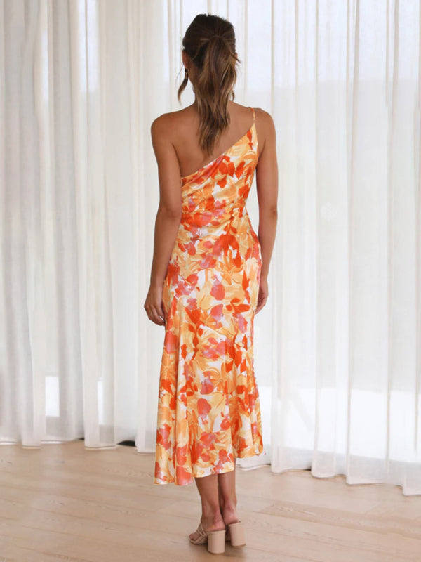 Slant Neck Fishtail Print Dress – Sleeveless, Elegant Spring-Summer Look