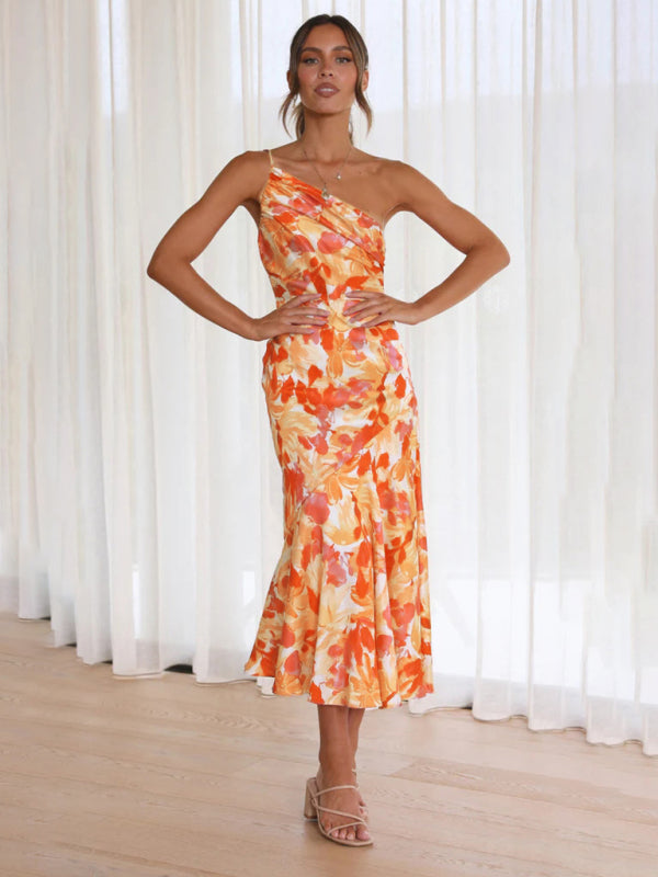Slant Neck Fishtail Print Dress – Sleeveless, Elegant Spring-Summer Look