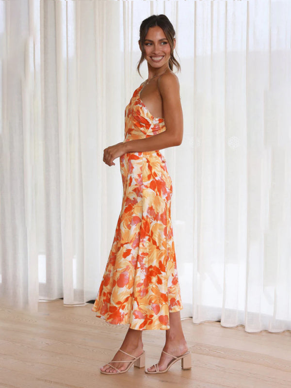 Slant Neck Fishtail Print Dress – Sleeveless, Elegant Spring-Summer Look
