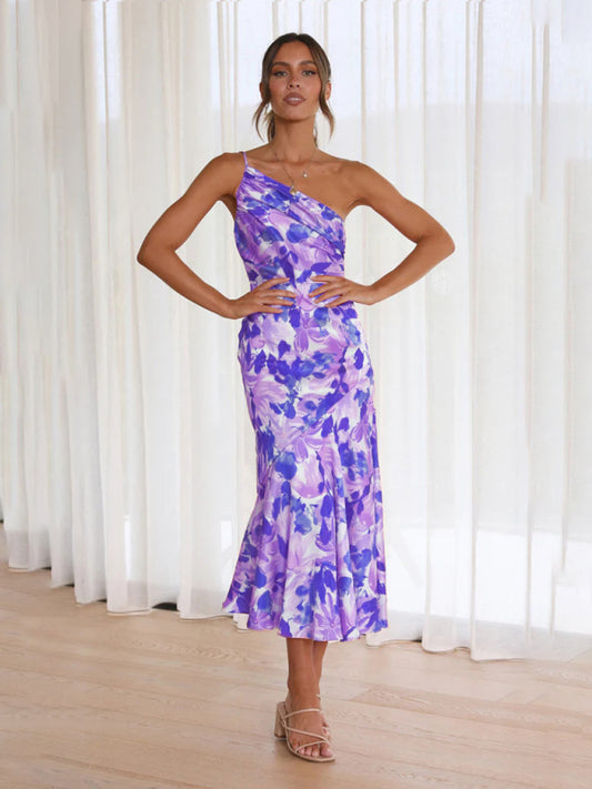 Slant Neck Fishtail Print Dress – Sleeveless, Elegant Spring-Summer Look