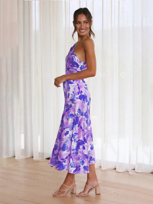 Slant Neck Fishtail Print Dress – Sleeveless, Elegant Spring-Summer Look