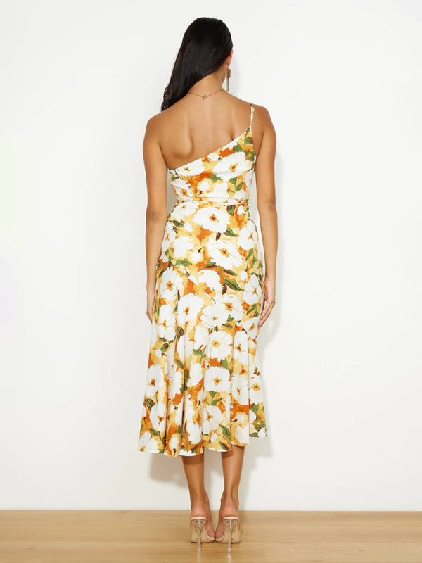Slant Neck Fishtail Print Dress – Sleeveless, Elegant Spring-Summer Look