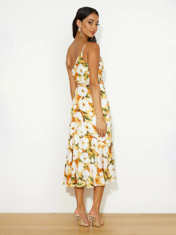 Slant Neck Fishtail Print Dress – Sleeveless, Elegant Spring-Summer Look