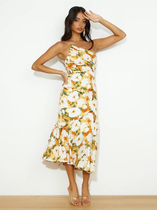 Slant Neck Fishtail Print Dress – Sleeveless, Elegant Spring-Summer Look
