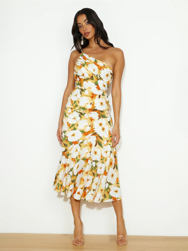 Slant Neck Fishtail Print Dress – Sleeveless, Elegant Spring-Summer Look