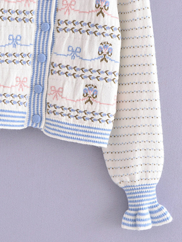 Rusetti-kauluksellinen neulottu napillinen neuletakki