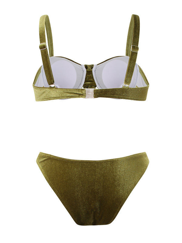 Retro Green 3D Flower Bikini Set – High-Waisted Bottom & Textured Top