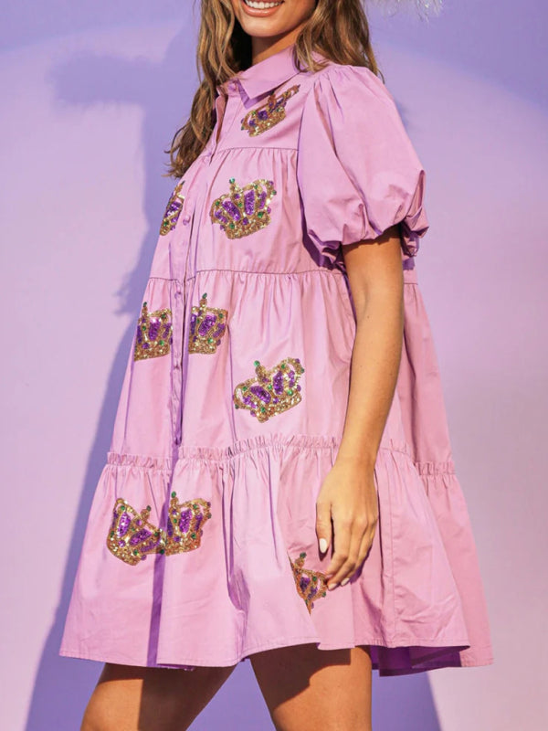 Damen Crown Pailletten-Hemdkleid mit Puffärmeln – Eleganter Frühling-Sommer-Stil