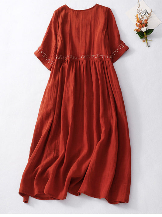 Embroidered Boho Linen Maxi Dress – Literary-Inspired Casual Style