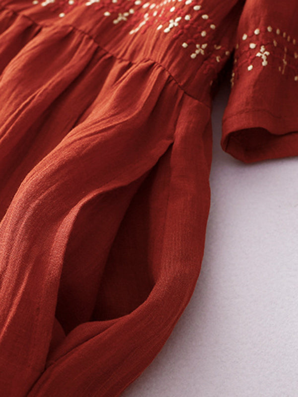 Embroidered Boho Linen Maxi Dress – Literary-Inspired Casual Style