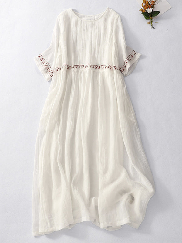 Embroidered Boho Linen Maxi Dress – Literary-Inspired Casual Style