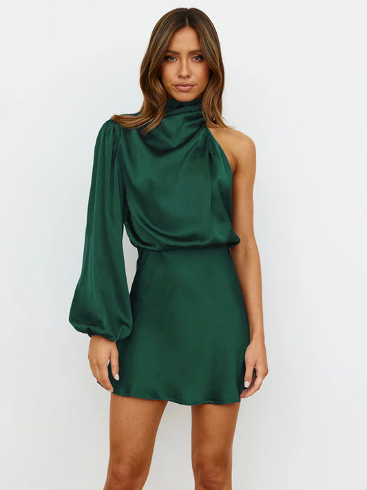 One-Shoulder Long Sleeve Mini Dress – Elegant Asymmetric Waist-Cinched Fit