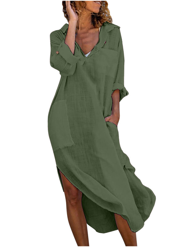 Solid Color Long Shirt Dress – Loose Fit, Button-Down, Side Slits & Pockets