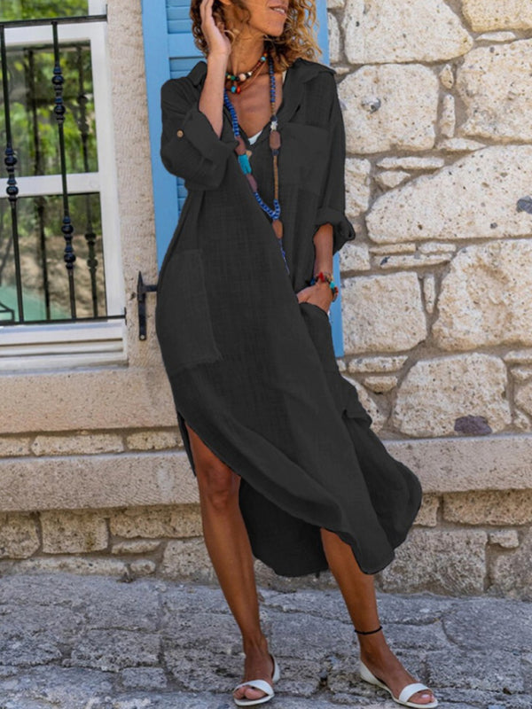 Solid Color Long Shirt Dress – Loose Fit, Button-Down, Side Slits & Pockets