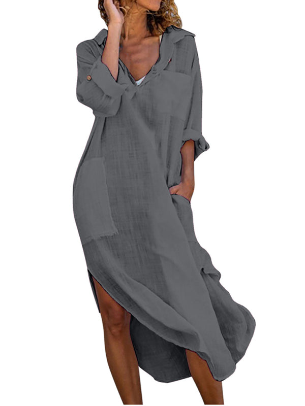 Solid Color Long Shirt Dress – Loose Fit, Button-Down, Side Slits & Pockets