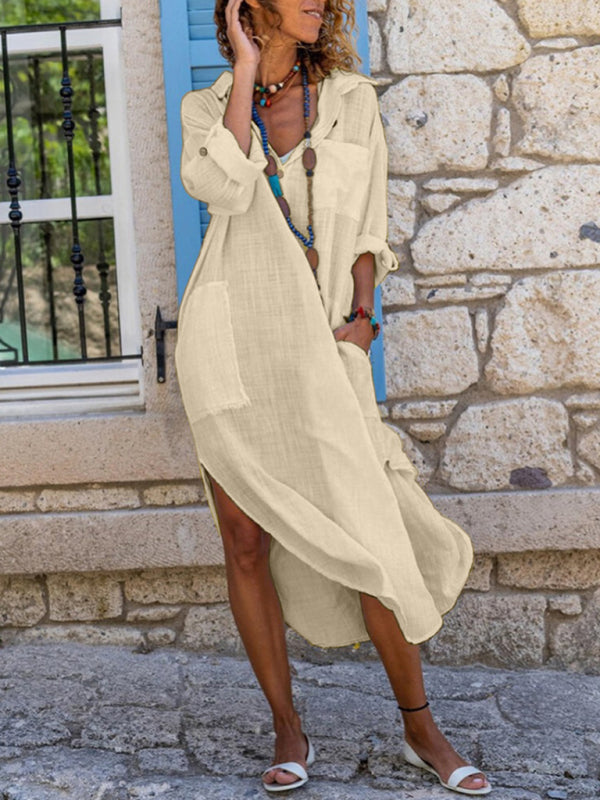Solid Color Long Shirt Dress – Loose Fit, Button-Down, Side Slits & Pockets