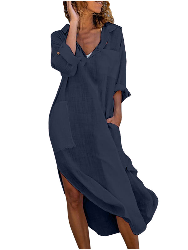 Solid Color Long Shirt Dress – Loose Fit, Button-Down, Side Slits & Pockets