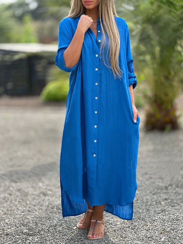 Long Sleeve Lapel Cotton Cardigan Dress – Casual Shirt Style Maxi for Women