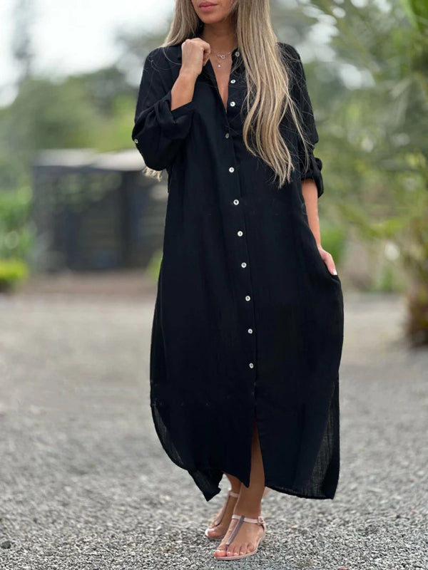 Long Sleeve Lapel Cotton Cardigan Dress – Casual Shirt Style Maxi for Women