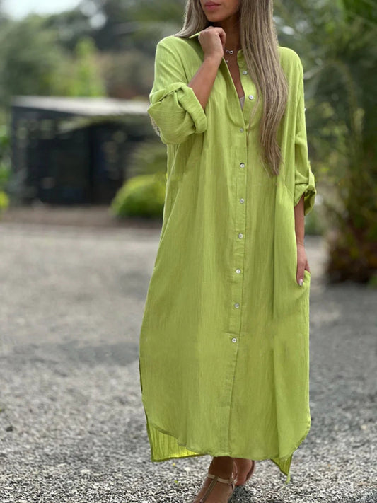 Long Sleeve Lapel Cotton Cardigan Dress – Casual Shirt Style Maxi for Women