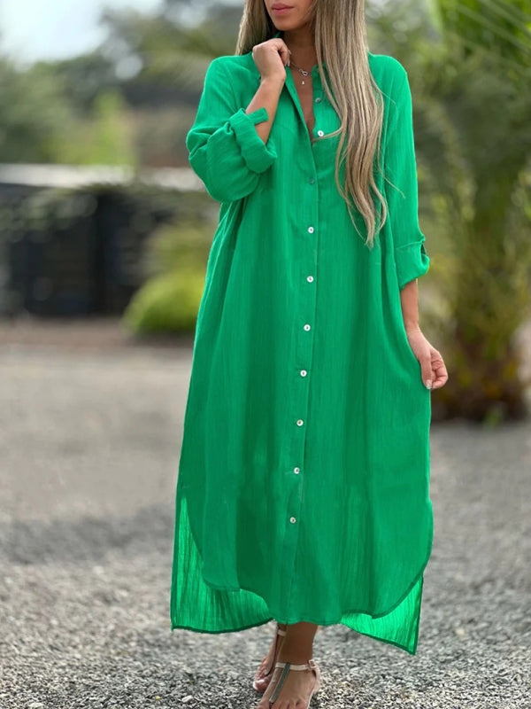 Long Sleeve Lapel Cotton Cardigan Dress – Casual Shirt Style Maxi for Women