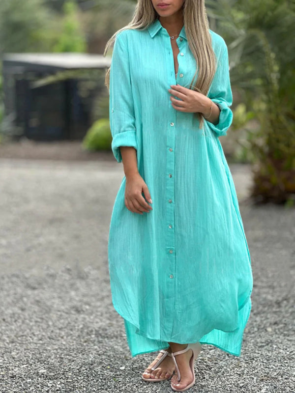 Long Sleeve Lapel Cotton Cardigan Dress – Casual Shirt Style Maxi for Women