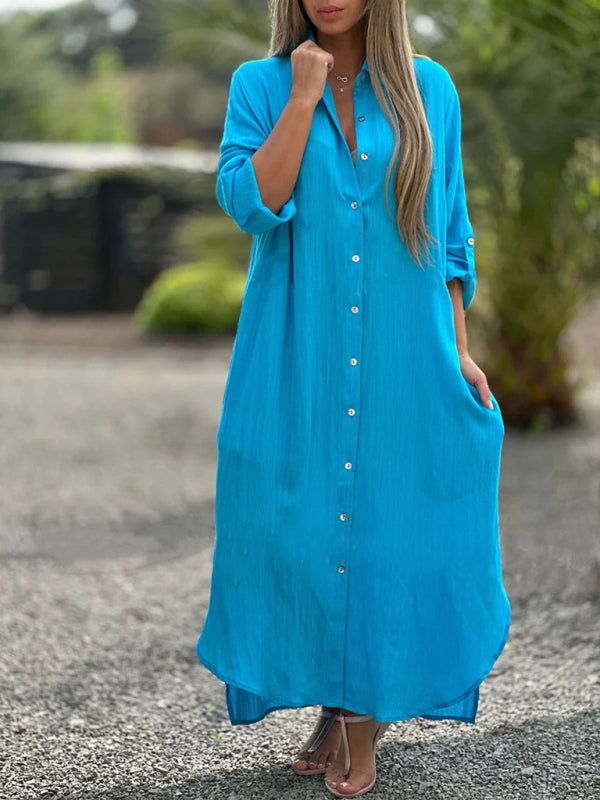 Long Sleeve Lapel Cotton Cardigan Dress – Casual Shirt Style Maxi for Women