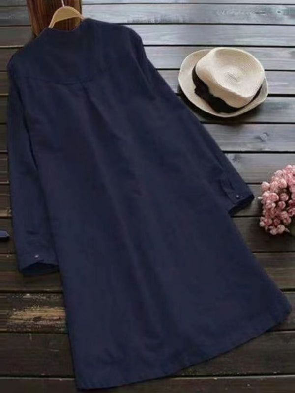 Solid Henley Collar Long Sleeve Midi Shirt Dress – Cotton Linen Blend