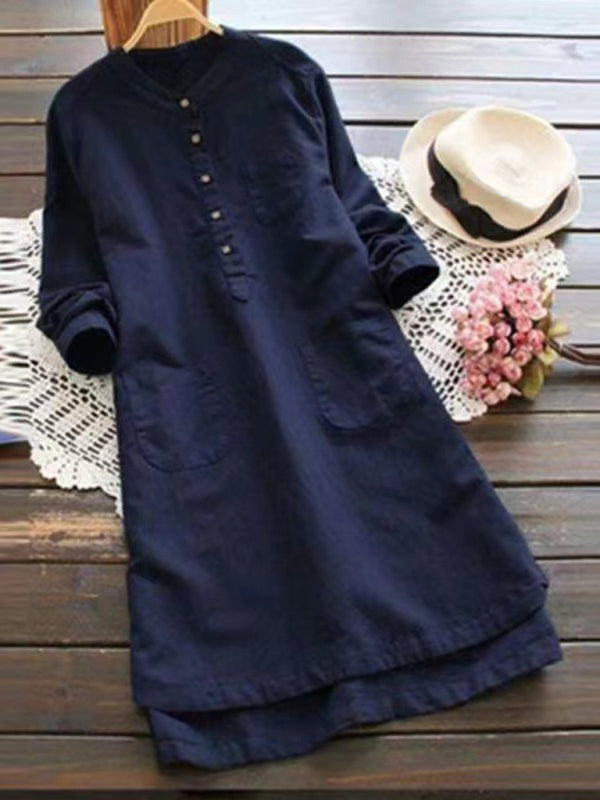 Solid Henley Collar Long Sleeve Midi Shirt Dress – Cotton Linen Blend