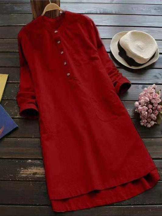 Solid Henley Collar Long Sleeve Midi Shirt Dress – Cotton Linen Blend
