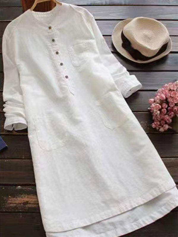 Solid Henley Collar Long Sleeve Midi Shirt Dress – Cotton Linen Blend