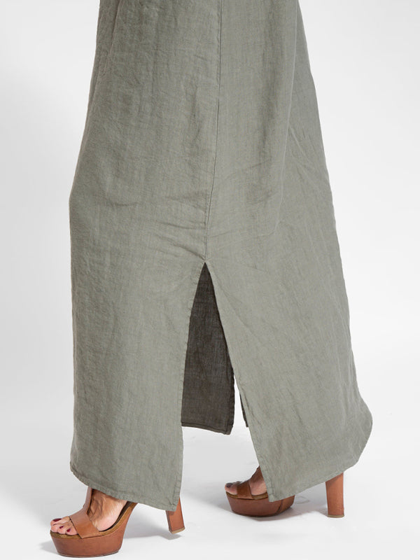 Casual Cotton-Linen Slit Midi Dress – Sleeveless, Lightweight & Chic
