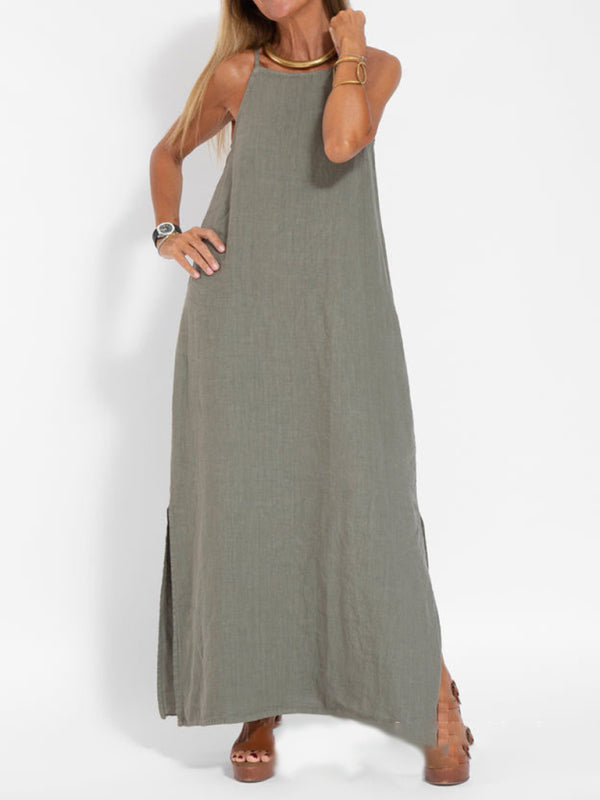 Casual Cotton-Linen Slit Midi Dress – Sleeveless, Lightweight & Chic