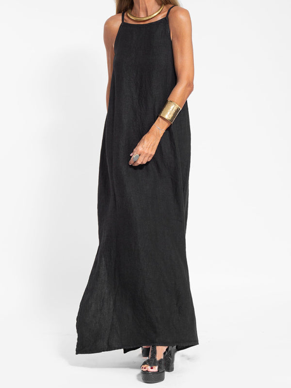 Casual Cotton-Linen Slit Midi Dress – Sleeveless, Lightweight & Chic