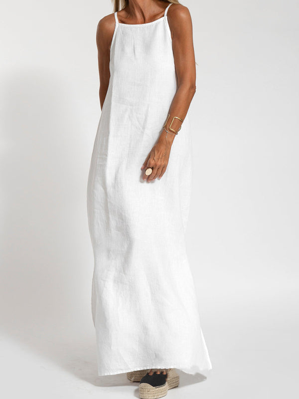Casual Cotton-Linen Slit Midi Dress – Sleeveless, Lightweight & Chic