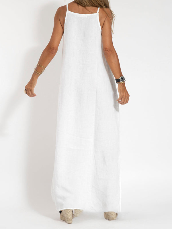 Casual Cotton-Linen Slit Midi Dress – Sleeveless, Lightweight & Chic