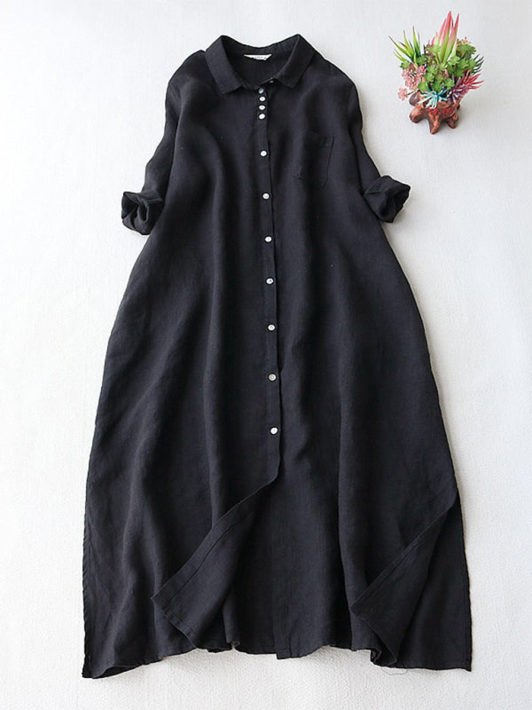 Loose Lapel Shirt Dress with Three-Quarter Sleeves – Cotton Blend, Seam Pockets