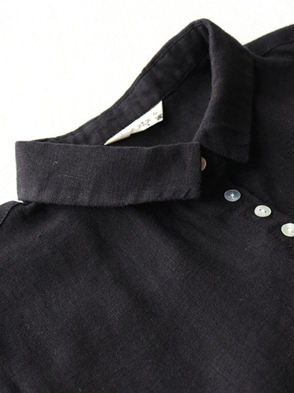 Loose Lapel Shirt Dress with Three-Quarter Sleeves – Cotton Blend, Seam Pockets