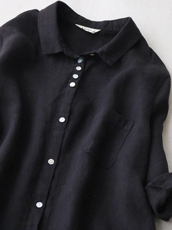 Loose Lapel Shirt Dress with Three-Quarter Sleeves – Cotton Blend, Seam Pockets