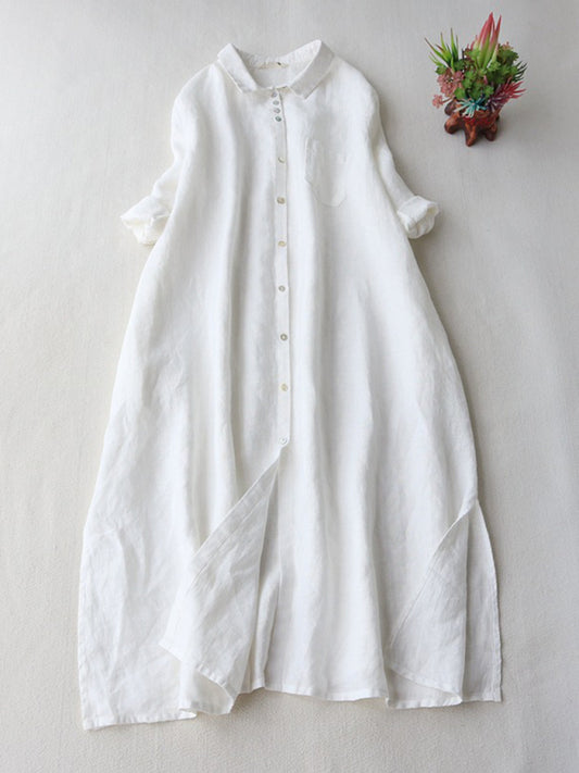 Loose Lapel Shirt Dress with Three-Quarter Sleeves – Cotton Blend, Seam Pockets