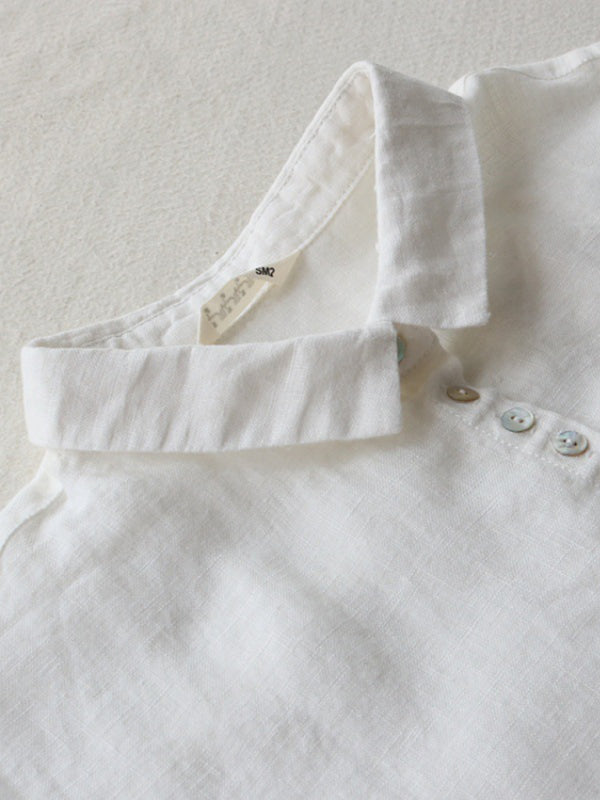 Loose Lapel Shirt Dress with Three-Quarter Sleeves – Cotton Blend, Seam Pockets