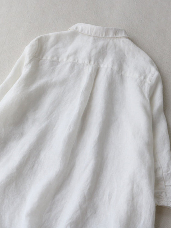 Loose Lapel Shirt Dress with Three-Quarter Sleeves – Cotton Blend, Seam Pockets