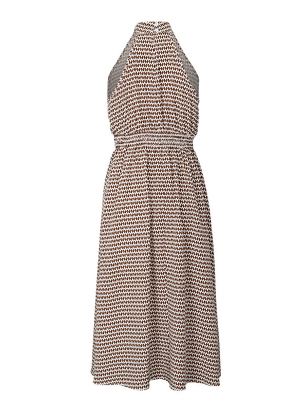 Elegant Halterneck High-Waist Sleeveless A-Line Dress – Corrugated Texture