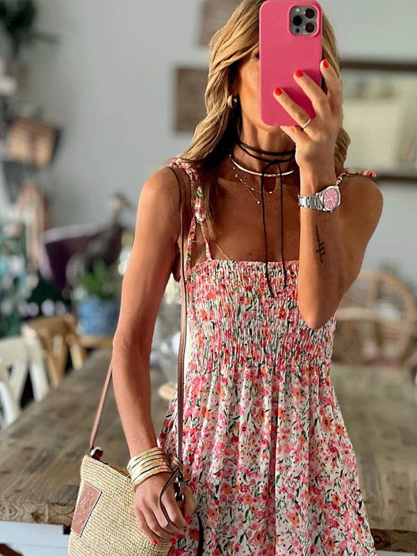 Printed Pink Flowy Suspender Dress – Spring-Summer Vacation Maxi