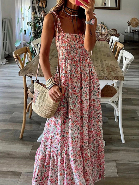Printed Pink Flowy Suspender Dress – Spring-Summer Vacation Maxi