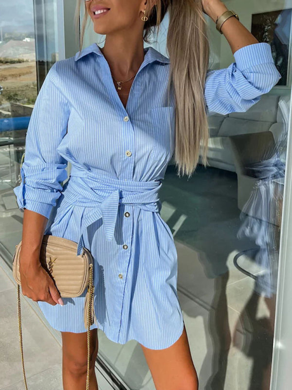 Multi-color Cotton Blend Shirt Dress - Lace-up Waist, Roll Sleeves, Midi Length